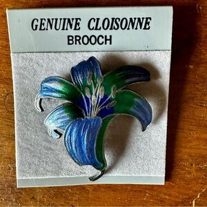 Vintage Cloisonne Enamel Lily Flower Brooch-Blue & Gold-2”x1.75”/ 1960-70s NOS